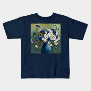 Cute Abstract Flowers in a Blue Vase Still Life Painting Kids T-Shirt